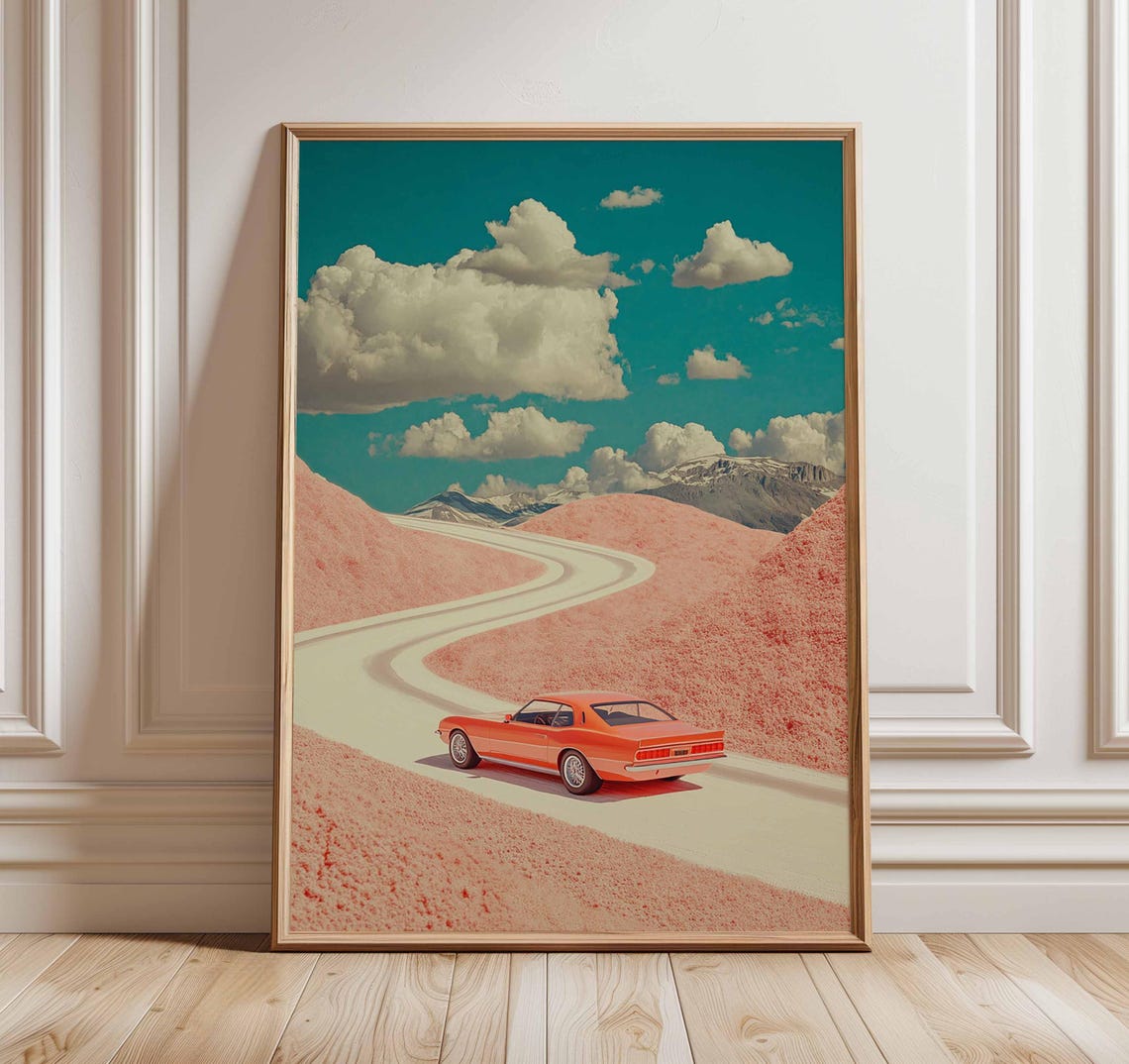 Surreal Orange Classic Muscle Car Winding Desert Road Poster