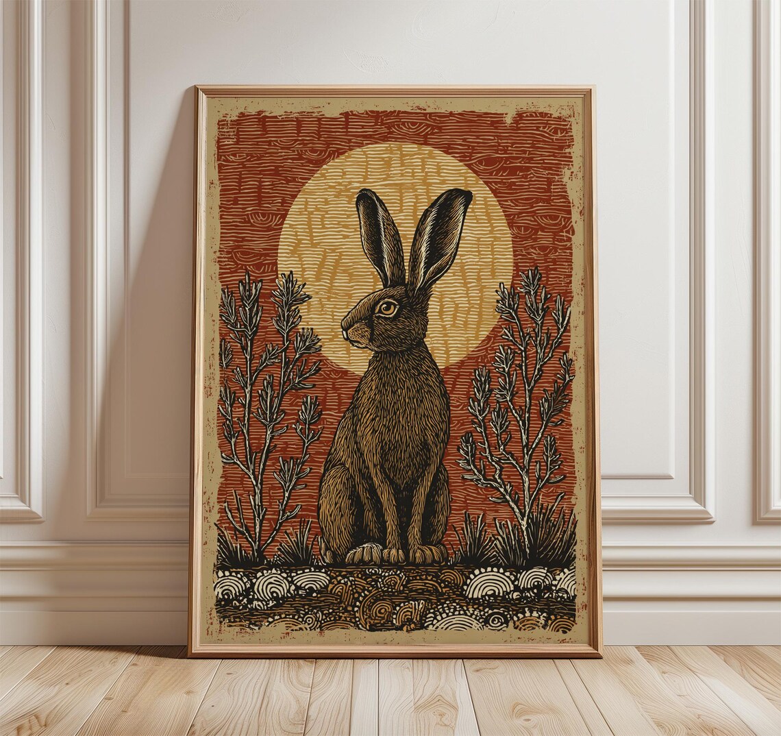 Hare Poster, Rustic Woodland Folk Illustration
