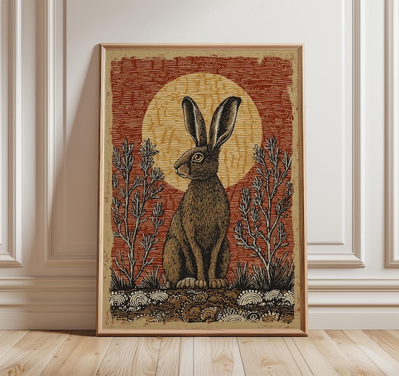 Hare Poster, Rustic Woodland Folk Illustration