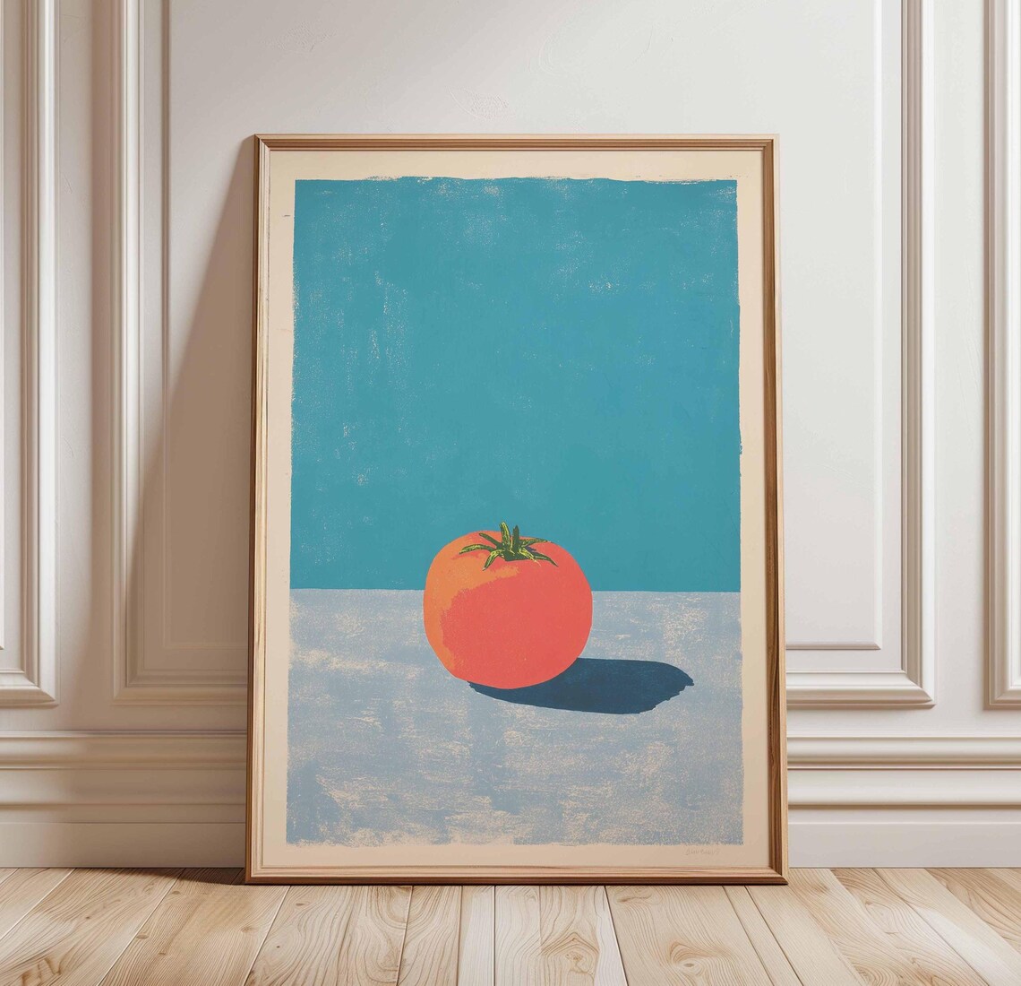 Minimalist Red Tomato Poster on Blue Background in Retro Pop Art Style