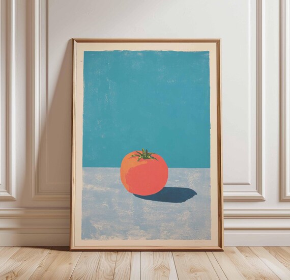 Minimalist Red Tomato Poster on Blue Background in Retro Pop Art Style