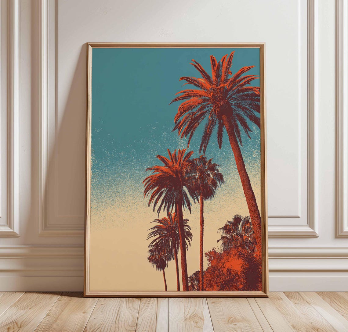 Retro Orange Palm Trees Silhouette Against Teal Sunset Sky Poster