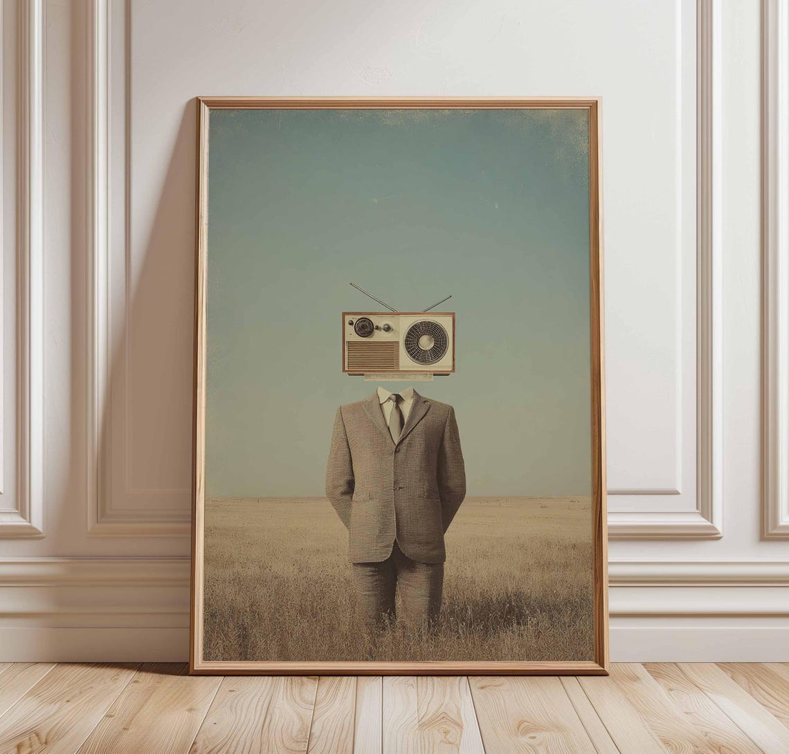 Surrealist Man With Vintage Radio Head Conceptual Absurdist Poster