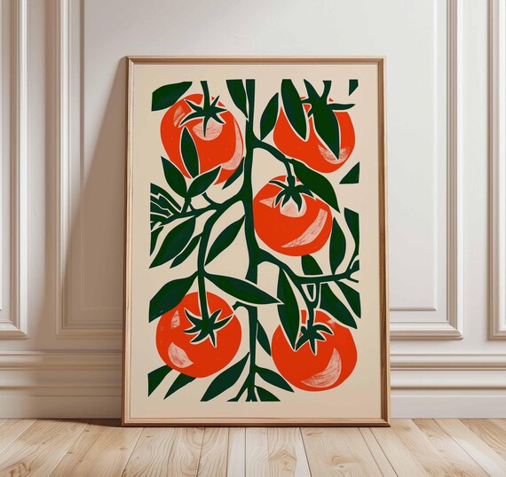 Tomato Vine Branch Botanical Illustration Bold Red Kitchen Print