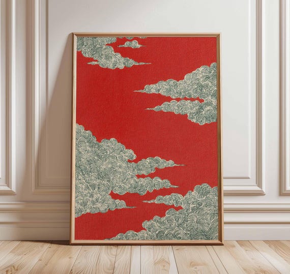 Japanese Red Cloud Poster Traditional Asian Wall Art Print Zen Swirl Clouds Illustration Japandi Decor Minimalist Artwork