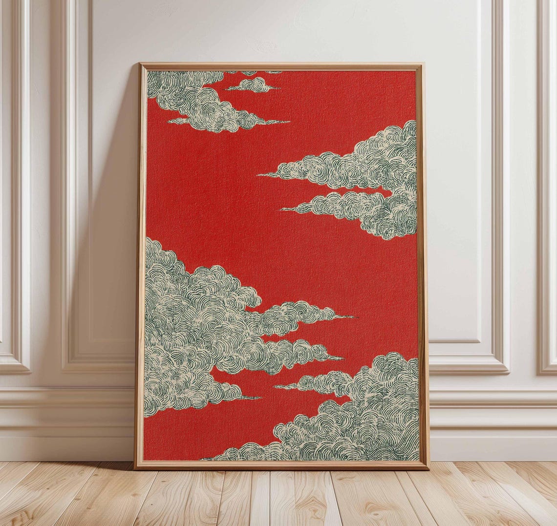 Japanese Red Cloud Poster Minimalist Zen Swirl Sky Illustration