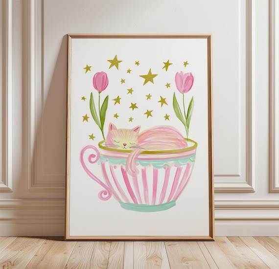 Sleeping Cat Pastel Nursery Art Print