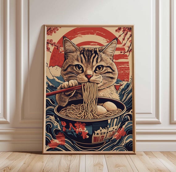 Cat Eating Ramen Poster Japanese Art Print Cute Noodle Asian Wall Decor Funny Bowl Kitchen