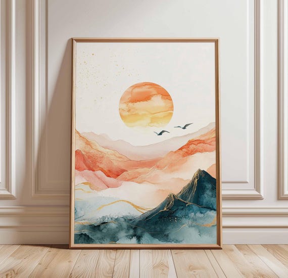 Sunset Mountain Landscape Poster Watercolor Mountains And Sun Abstract Nature Art Tranquil Wall Decor Serene Print