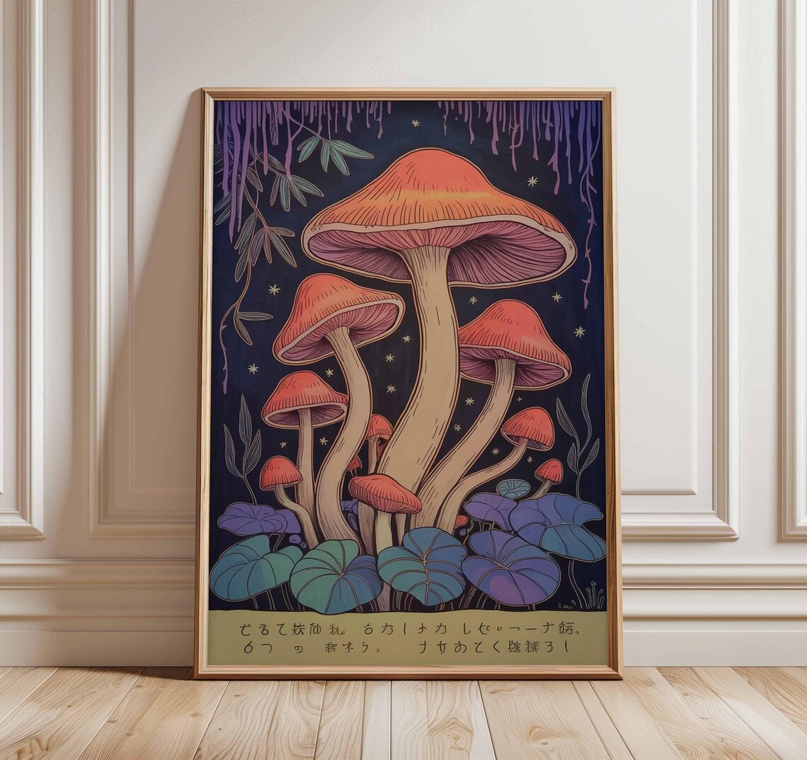Mushroom Poster, Japanese Style Psychedelic Art Print