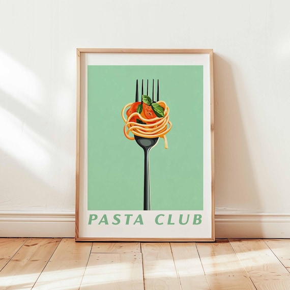 Pasta Club Retro Spaghetti Fork Italian Food Illustration Art Poster
