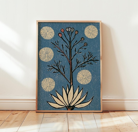 Blue Botanical Agave Folk Block Style Vintage Plant Art Poster