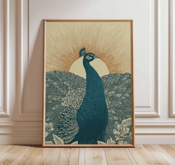 Peacock Poster Vintage Bird Illustration Sunburst Nature Wall Art