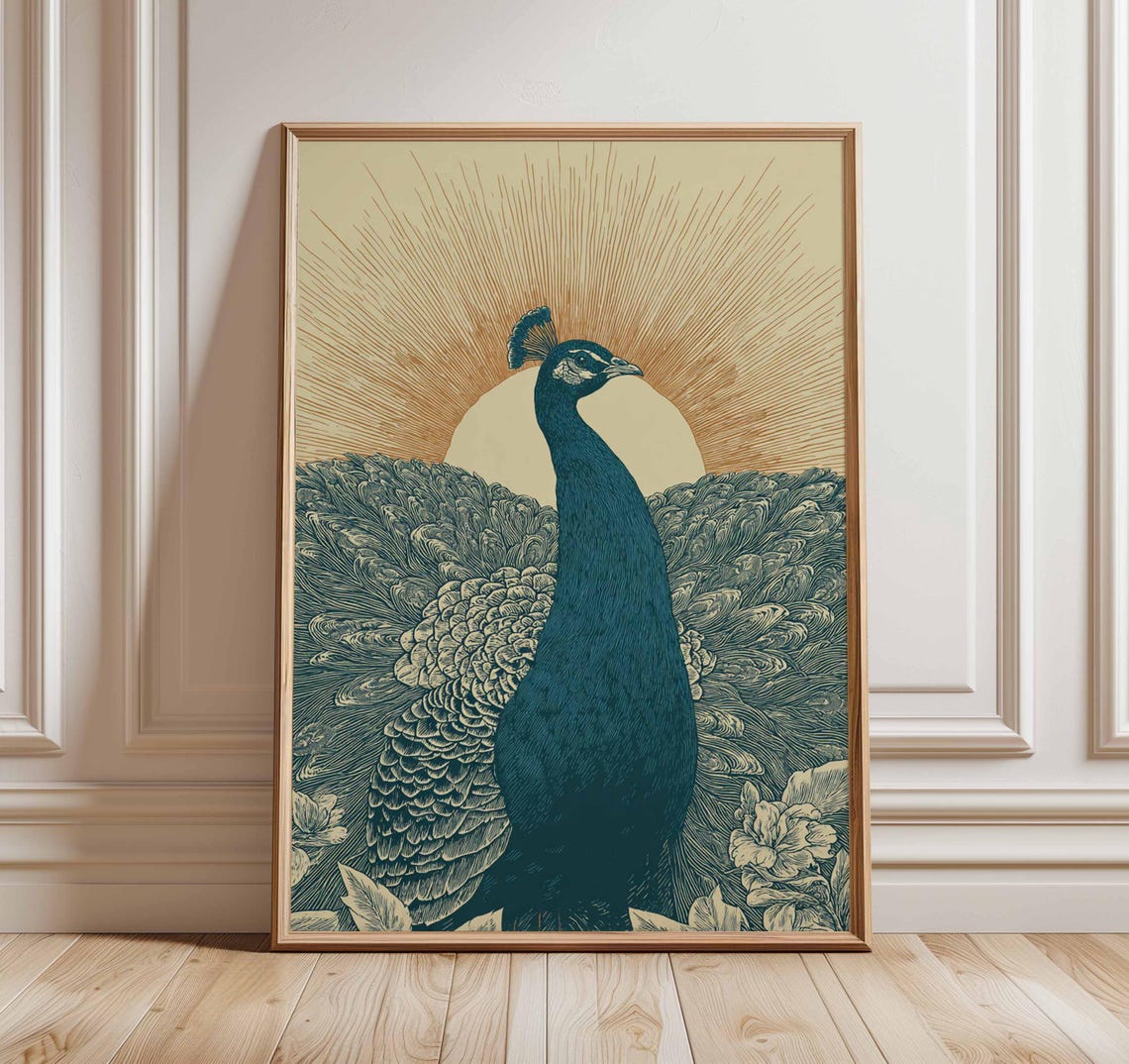 Peacock Poster Vintage Bird Illustration Sunburst Nature Wall Art