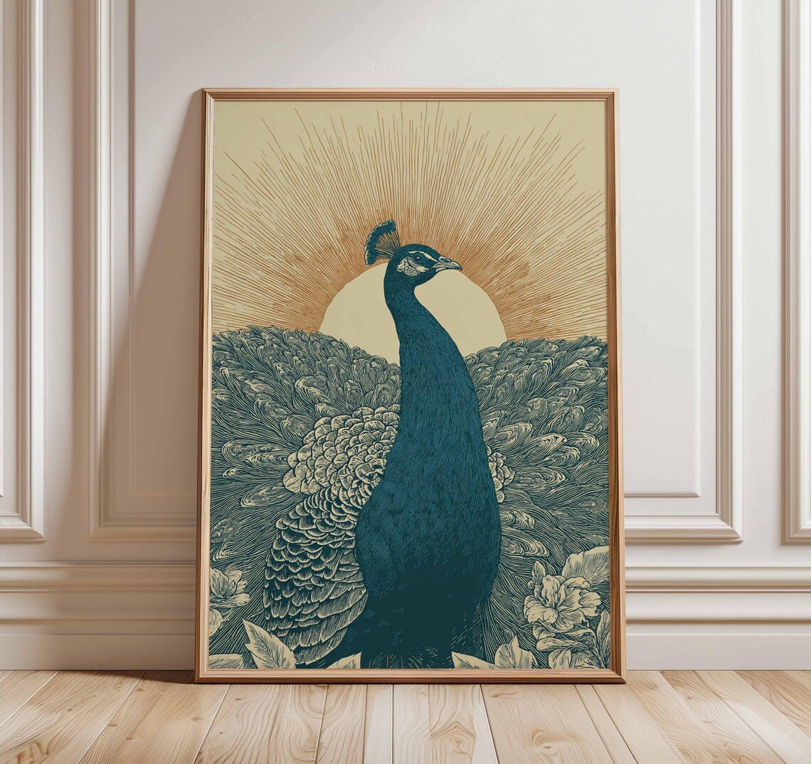 Teal Peacock Sunburst Vintage Bird Illustration Nature Poster