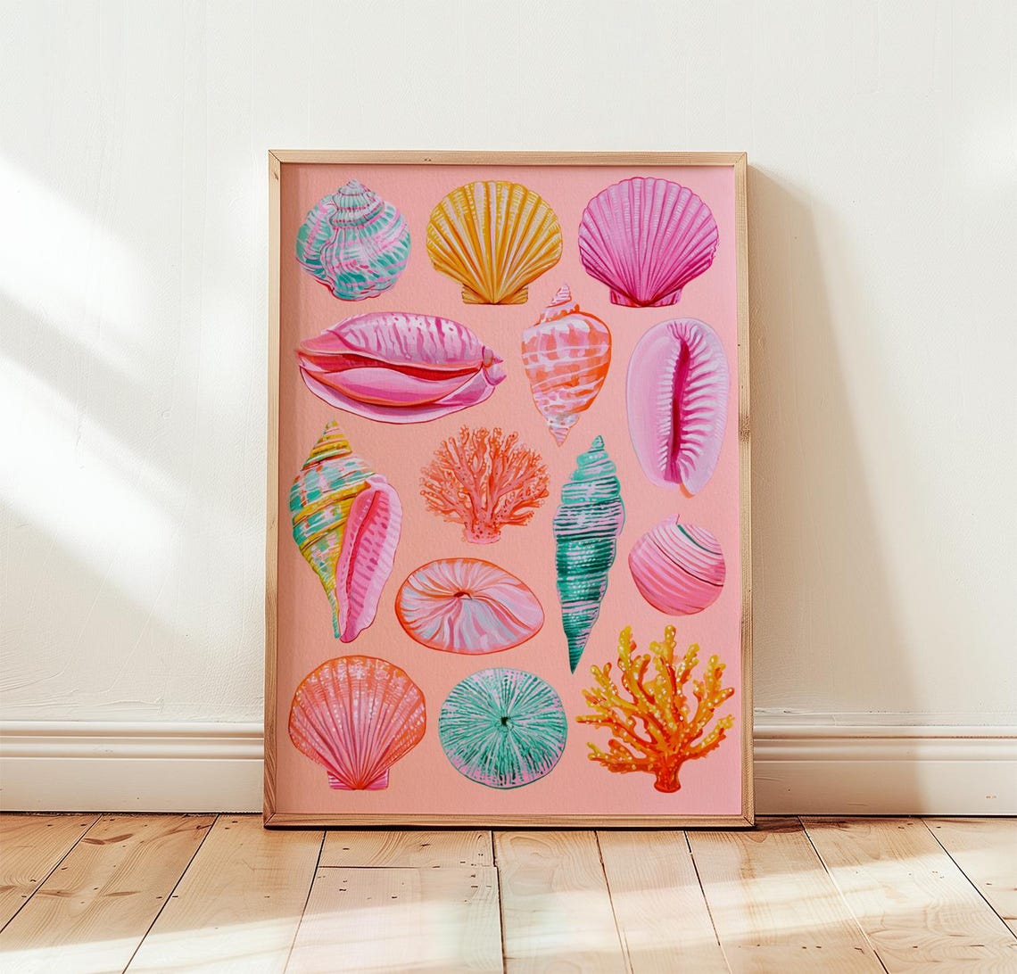 Colorful Seashell Coral Collection Pink Coastal Watercolor Art Print