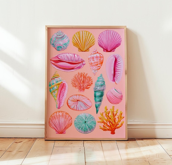 Colorful Seashell Coral Collection Pink Coastal Watercolor Art Print