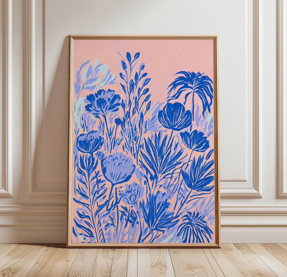 Tropical Botanical Poster, Pink Floral Blue Flower
