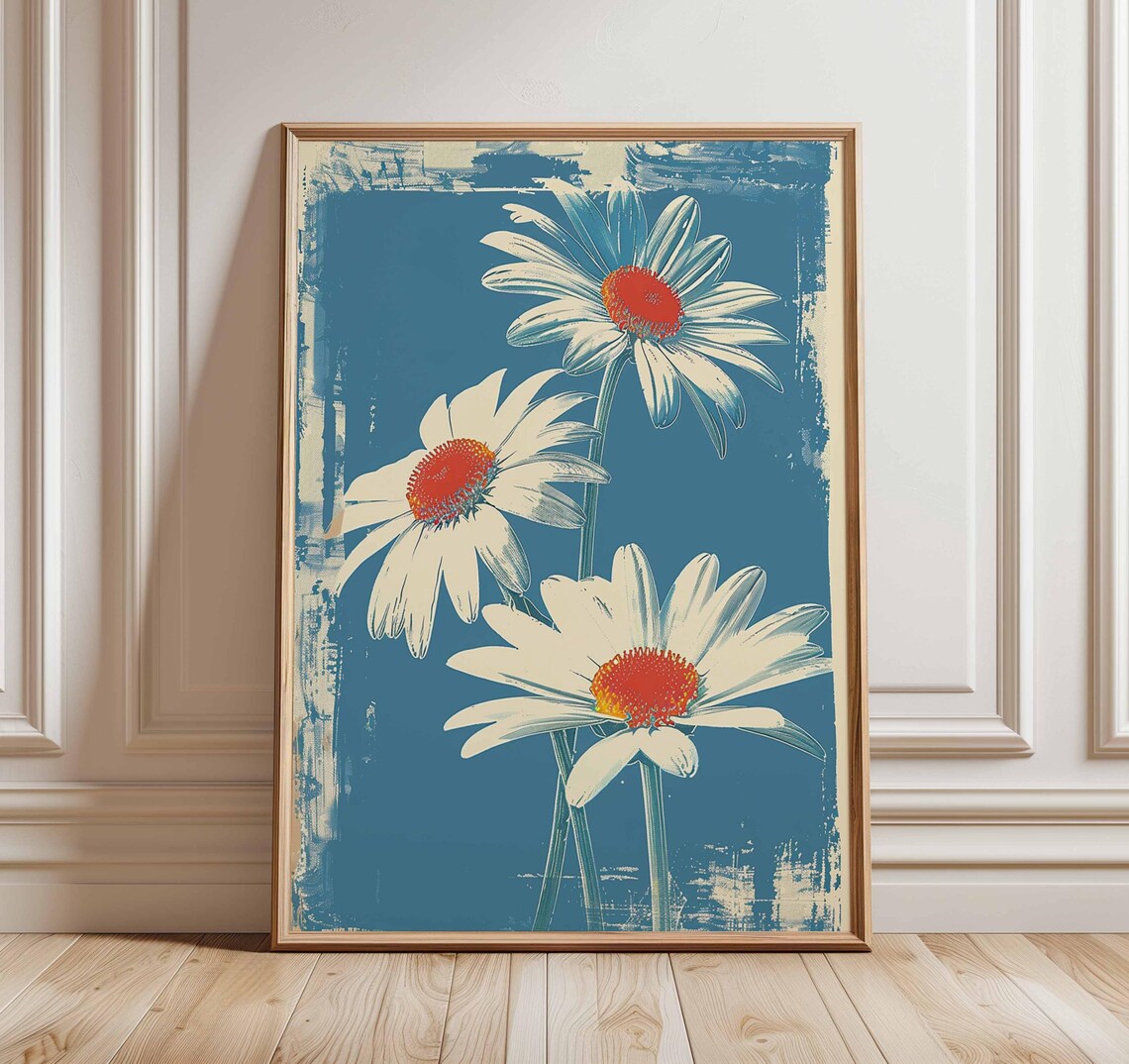 Three White Daisies Pop Art Floral Bold Teal Background Wall Art