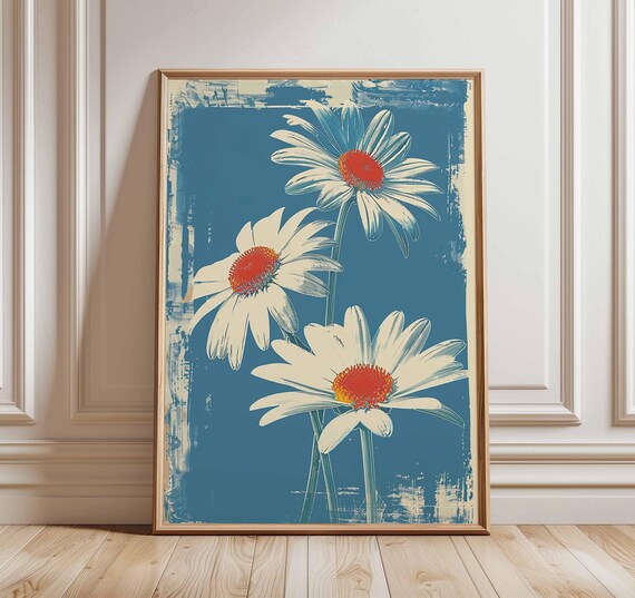 Retro Daisy Flower Poster Print Bold Pop Art Floral Wall Modern Botanical Artwork For Living Room Bedroom Home Decor