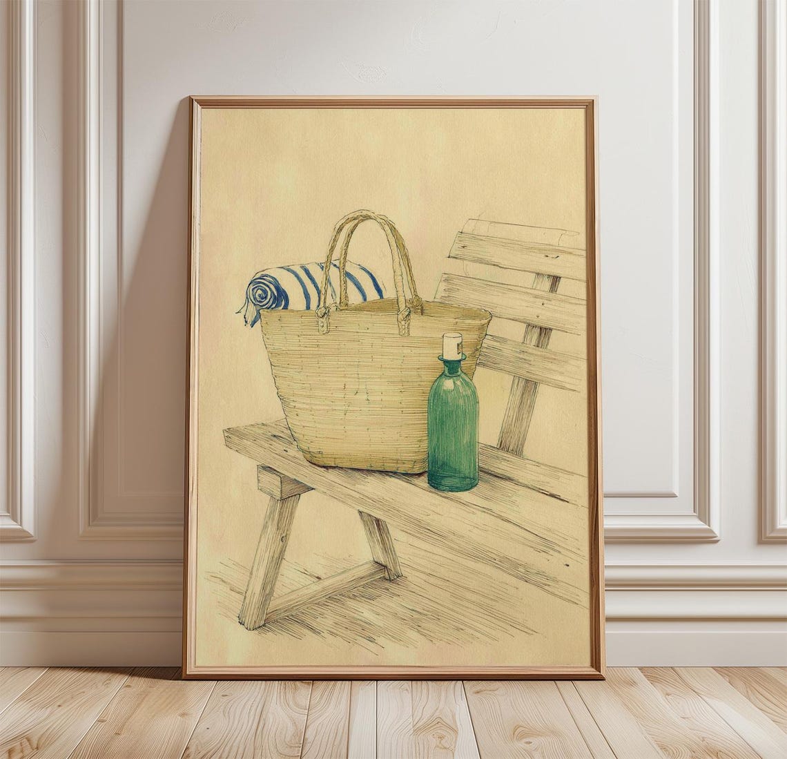Beach Tote Still Life Poster Straw Bag Sketch Coastal Summer Decor