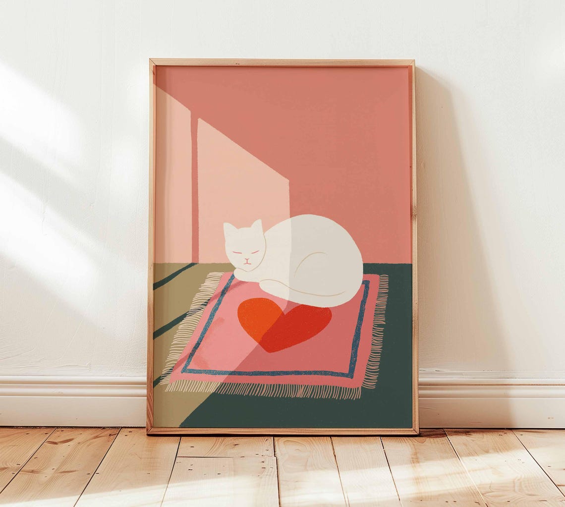 Minimalist White Cat Wall Art Print Modern Poster Cozy Home Decor With Heart Rug Illustration