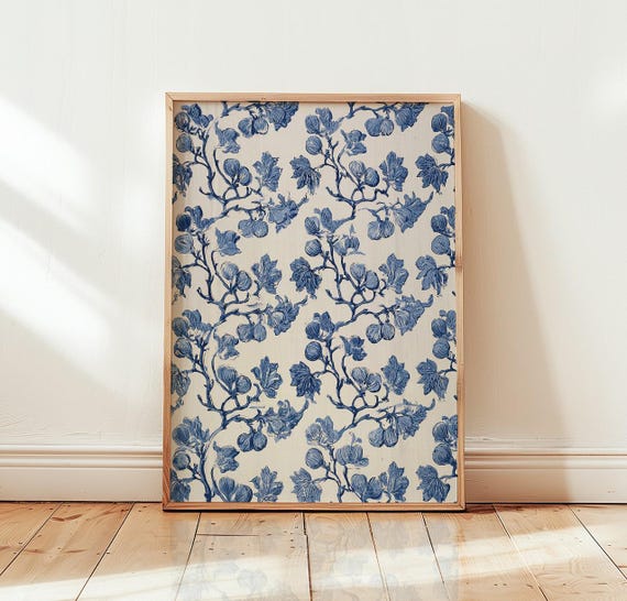 Blue Botanical Fig Leaf Chinoiserie Poster
