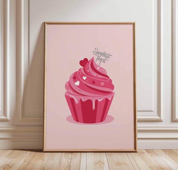 Pink Cupcake Poster Sweetest Treat Wall Art Dessert Print For Kitchen Decor Cute Bakery Artwork Whimsical Food Illustration