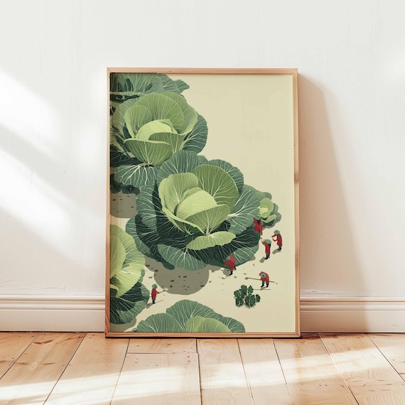 Giant Cabbage Harvest With Tiny Farmers Surreal Garden Poster
