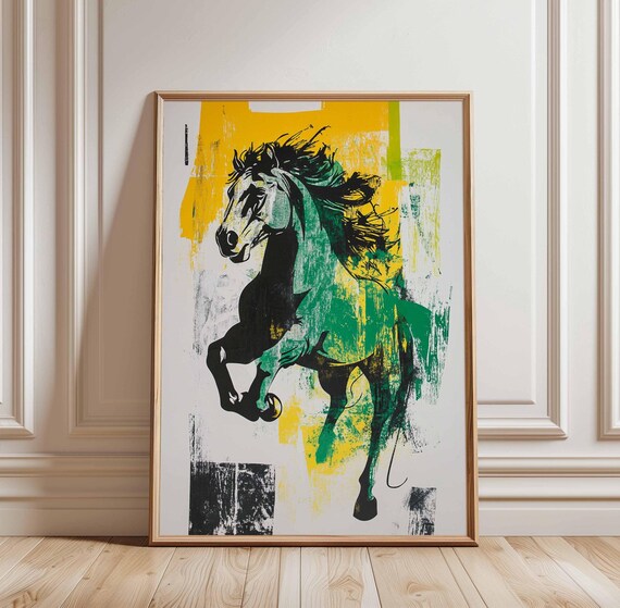 Abstract Horse Poster Modern Art Print Bold Yellow And Green Illustration Contemporary Animal Wall Unframed Equine Decor