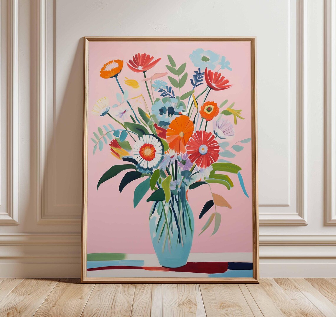 Colorful Wildflower Bouquet in Blue Vase Pink Background Poster
