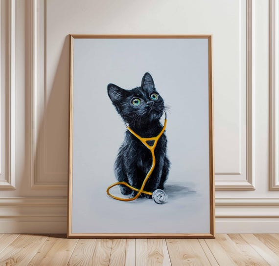Black Kitten Doctor Art Print Cute Cat With Stethoscope Wall Funny Pet Portrait Veterinary Decor Whimsical Animal Poster