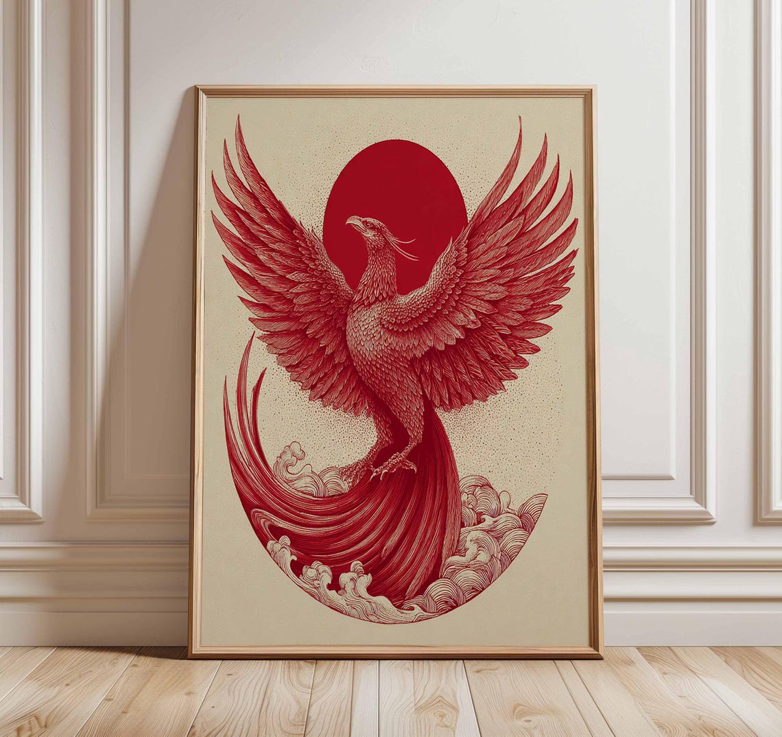 Red Phoenix Rising Sun Japanese Mythical Bird Line Art Print