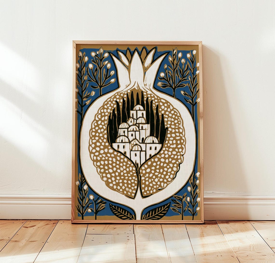 Pomegranate City Deep Navy Blue White Folk Art Boho Block Print