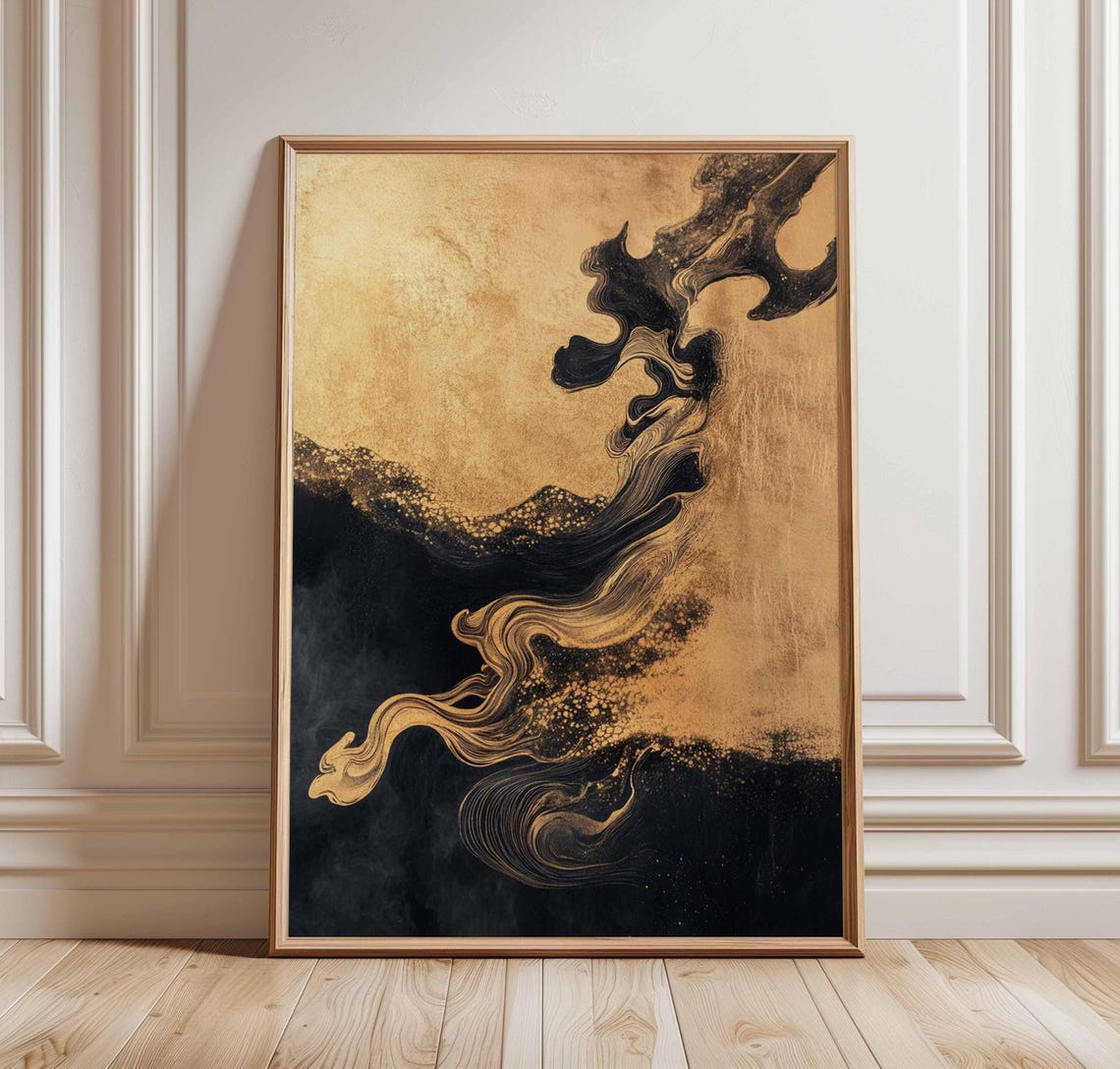 Abstract Black and Gold Flowing Ink Swirls Luxury Decor Wall Art