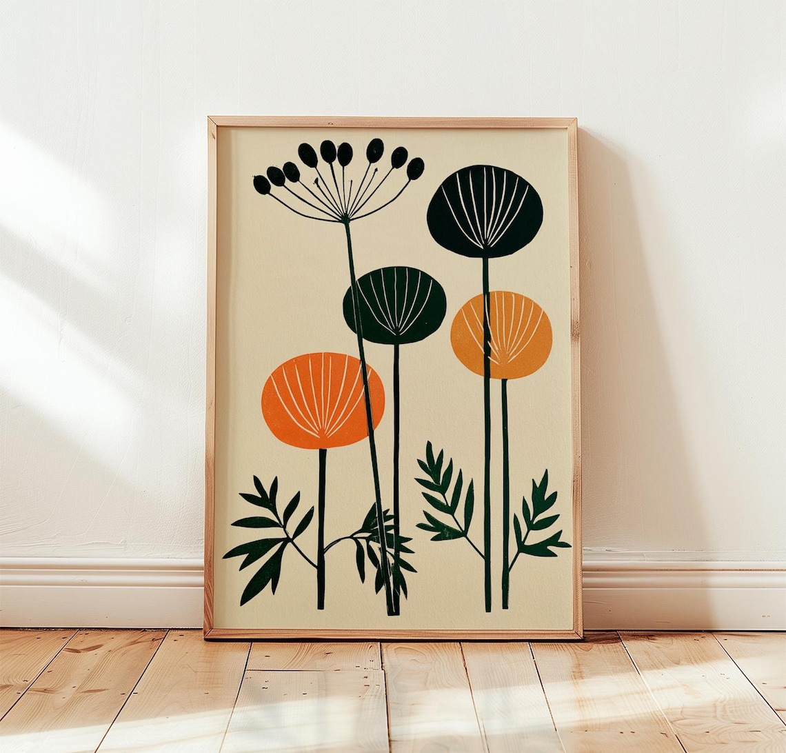 Orange Cow Parsley Linocut Poster