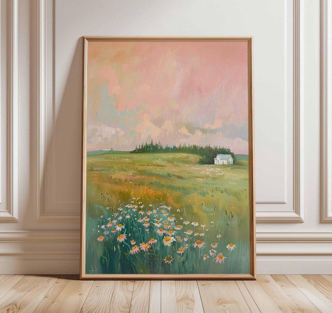 Serene Wildflower Meadow Cottage Pastel Landscape Painting Poster