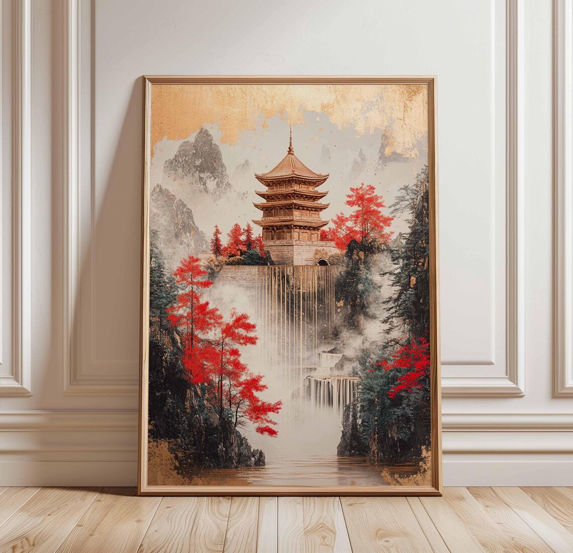 Misty Mountain Pagoda With Red Maples Oriental Landscape Art Print