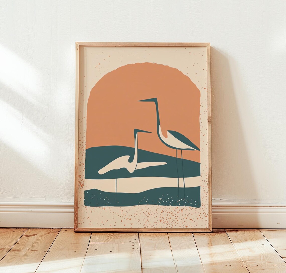 Minimalist Heron Poster, Mid-Century Bird Art
