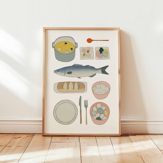 Japanese Food Illustration Poster Minimalist Fish And Rice Art Print Pastel Kitchen Decor Asian Cuisine Wall Dining Room