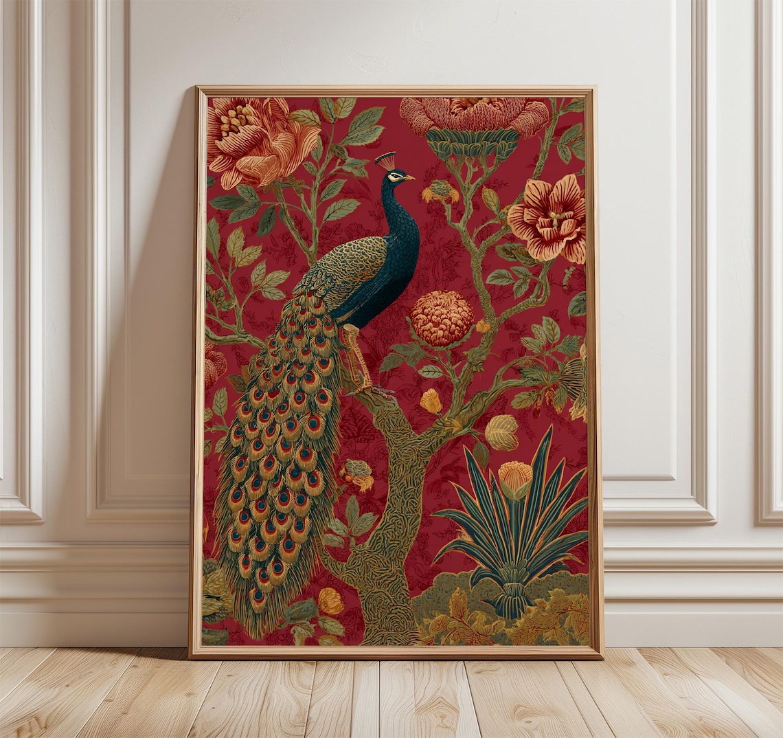 Japanese Peacock Art Print, Vibrant Floral Bird
