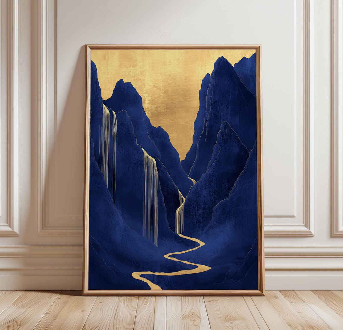 Indigo Blue Mountains Golden Waterfalls Oriental Art Print Scene