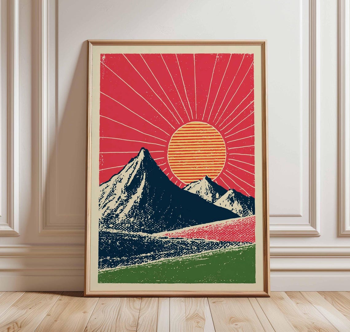 Retro Mountain Sunrise With Red Sun Rays Bold Graphic Poster