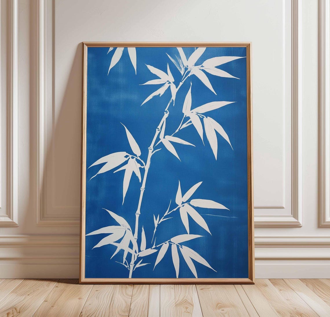 White Bamboo Silhouette on Deep Blue Japanese Inspired Nature Poster