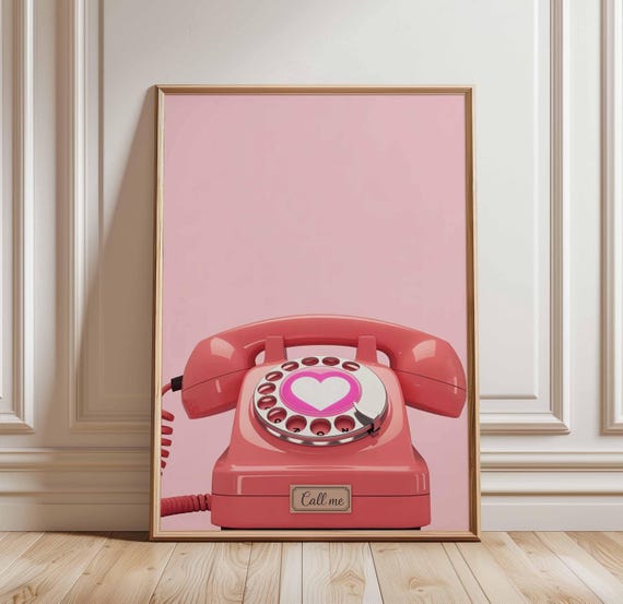 Retro Pink Phone Poster Call Me Wall Art Print Vintage Valentine Decor Pop Illustration Cute Rotary Unframed