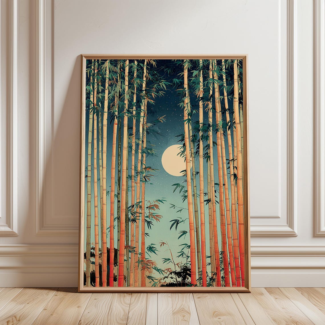 Japanese Bamboo Forest Moonlit Night Landscape Illustration Poster