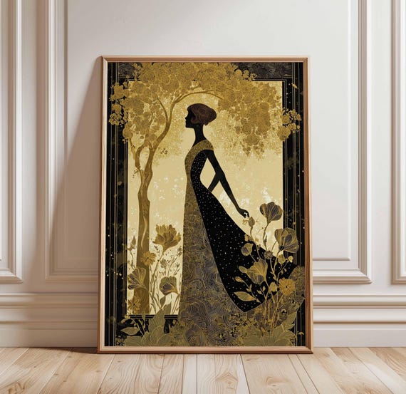 Art Deco Woman Poster Elegant Silhouette Wall Black Gold Floral Print Vintage Glamour Illustration Feminine Bedroom Decor