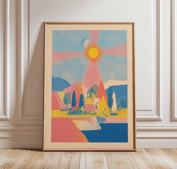 Surreal Sunburst Pyramids Desert Retro Silkscreen Style Wall Art