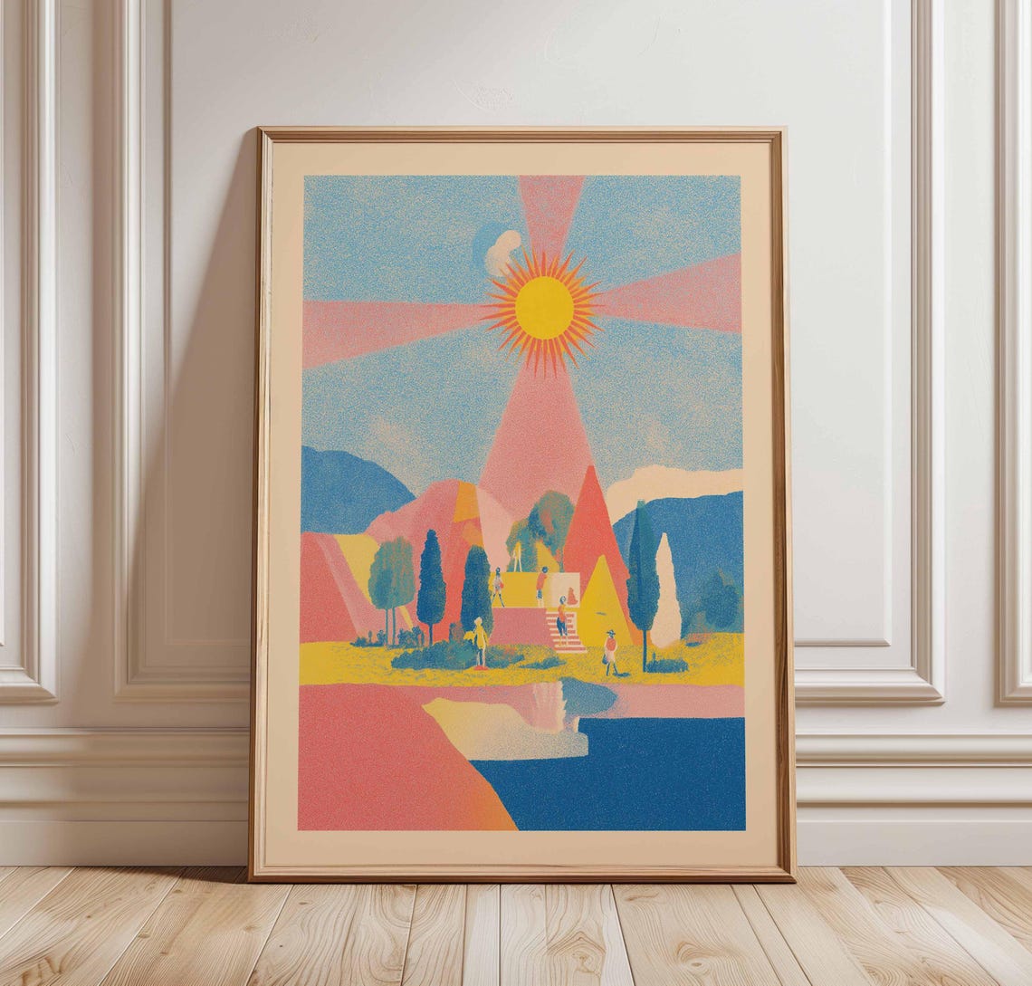 Surreal Sunburst Pyramids Desert Retro Silkscreen Style Wall Art
