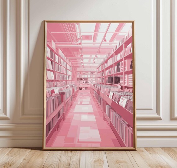 Dreamy Pink Vinyl Record Store Aisle Retro Music Shop Poster